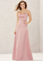 Long/Floor-Length Satin Bridesmaid Dress, A-Line Cut, V-Neck, Sleeveless BM bride