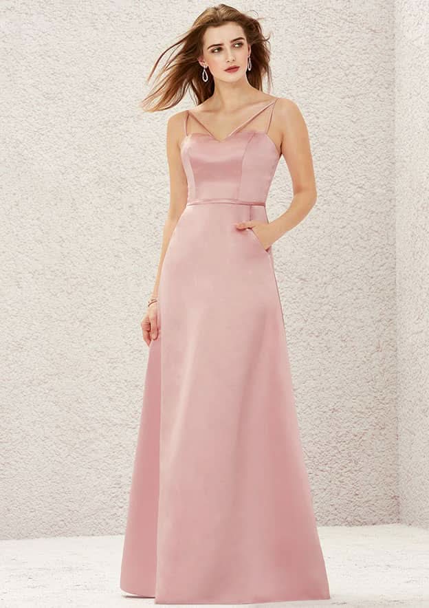 Long/Floor-Length Satin Bridesmaid Dress, A-Line Cut, V-Neck, Sleeveless BM bride