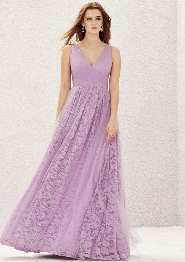 A-Line Floor-Length Sleeveless Lace And Tulle Bridesmaid Dress, V-Neck With Pleats BM bride