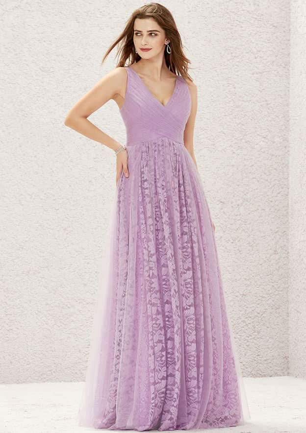 A-Line Floor-Length Sleeveless Lace And Tulle Bridesmaid Dress, V-Neck With Pleats BM bride