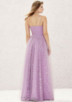 A-Line Floor-Length Sleeveless Lace And Tulle Bridesmaid Dress, V-Neck With Pleats BM bride