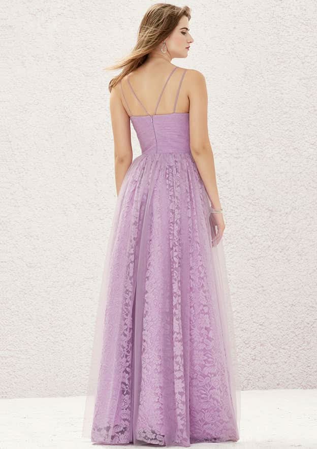 A-Line Floor-Length Sleeveless Lace And Tulle Bridesmaid Dress, V-Neck With Pleats BM bride