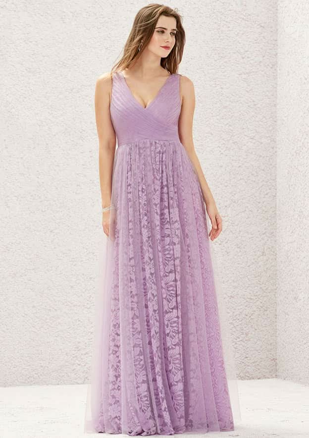 A-Line Floor-Length Sleeveless Lace And Tulle Bridesmaid Dress, V-Neck With Pleats BM bride