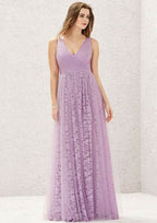 A-Line Floor-Length Sleeveless Lace And Tulle Bridesmaid Dress, V-Neck With Pleats BM bride