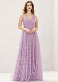 A-Line Floor-Length Sleeveless Lace And Tulle Bridesmaid Dress, V-Neck With Pleats BM bride