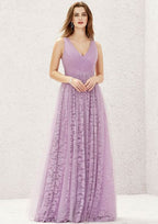 A-Line Floor-Length Sleeveless Lace And Tulle Bridesmaid Dress, V-Neck With Pleats BM bride
