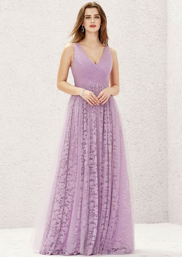 A-Line Floor-Length Sleeveless Lace And Tulle Bridesmaid Dress, V-Neck With Pleats BM bride