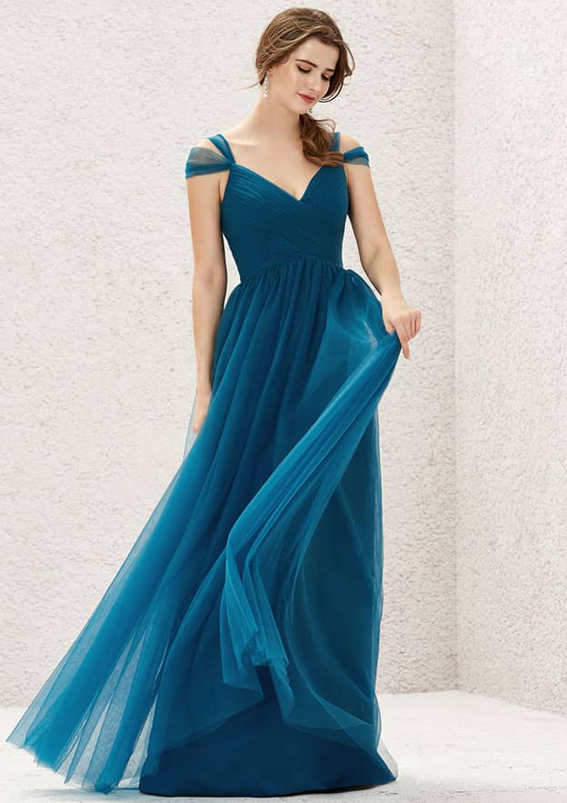 Long/Floor-Length Tulle Bridesmaid Dress, A-Line Cut, Sweetheart Neckline, Sleeveless, With Pleating BM bride