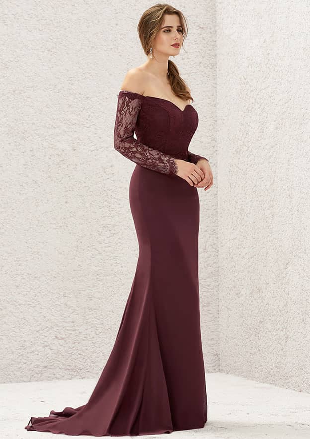 Long/Floor-Length Chiffon Bridesmaid Dress, Off-The-Shoulder Neckline, 3/4 Sleeve, Sweep Train, With Pleated Lace BM bride