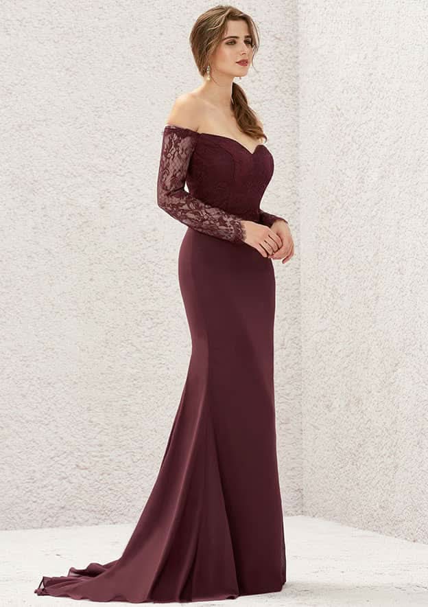 Long/Floor-Length Chiffon Bridesmaid Dress, Off-The-Shoulder Neckline, 3/4 Sleeve, Sweep Train, With Pleated Lace BM bride