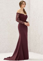 Long/Floor-Length Chiffon Bridesmaid Dress, Off-The-Shoulder Neckline, 3/4 Sleeve, Sweep Train, With Pleated Lace BM bride