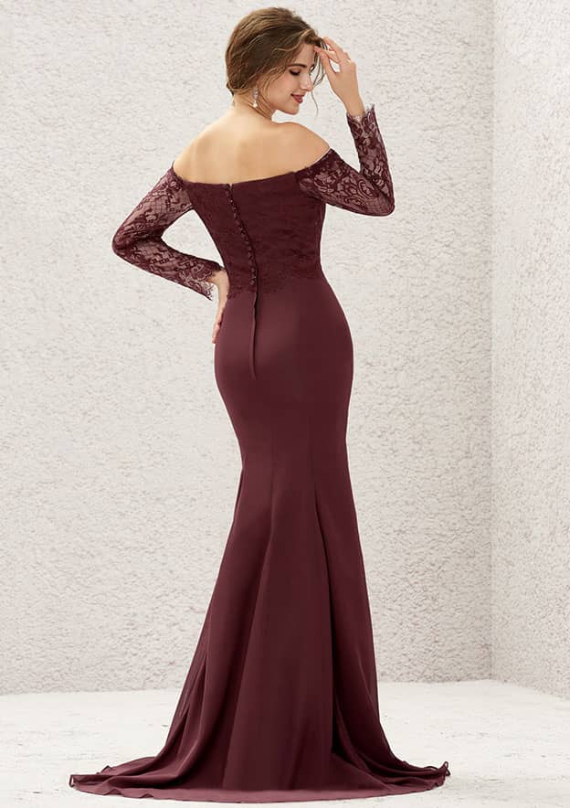 Long/Floor-Length Chiffon Bridesmaid Dress, Off-The-Shoulder Neckline, 3/4 Sleeve, Sweep Train, With Pleated Lace BM bride