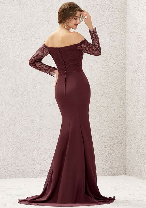 Long/Floor-Length Chiffon Bridesmaid Dress, Off-The-Shoulder Neckline, 3/4 Sleeve, Sweep Train, With Pleated Lace BM bride