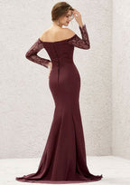 Long/Floor-Length Chiffon Bridesmaid Dress, Off-The-Shoulder Neckline, 3/4 Sleeve, Sweep Train, With Pleated Lace BM bride