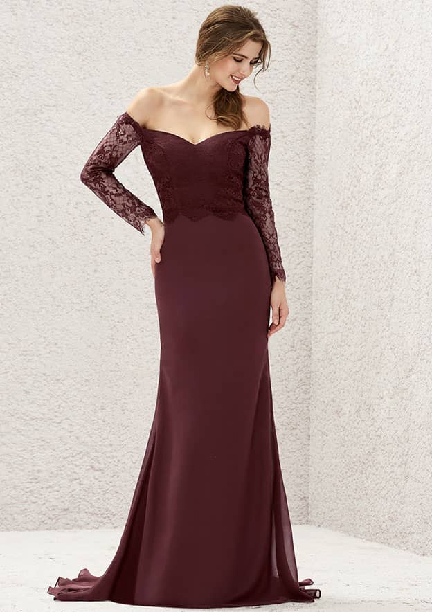 Long/Floor-Length Chiffon Bridesmaid Dress, Off-The-Shoulder Neckline, 3/4 Sleeve, Sweep Train, With Pleated Lace BM bride