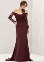 Long/Floor-Length Chiffon Bridesmaid Dress, Off-The-Shoulder Neckline, 3/4 Sleeve, Sweep Train, With Pleated Lace BM bride