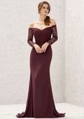 Long/Floor-Length Chiffon Bridesmaid Dress, Off-The-Shoulder Neckline, 3/4 Sleeve, Sweep Train, With Pleated Lace BM bride