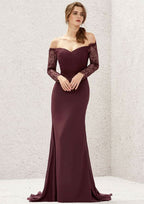Long/Floor-Length Chiffon Bridesmaid Dress, Off-The-Shoulder Neckline, 3/4 Sleeve, Sweep Train, With Pleated Lace BM bride