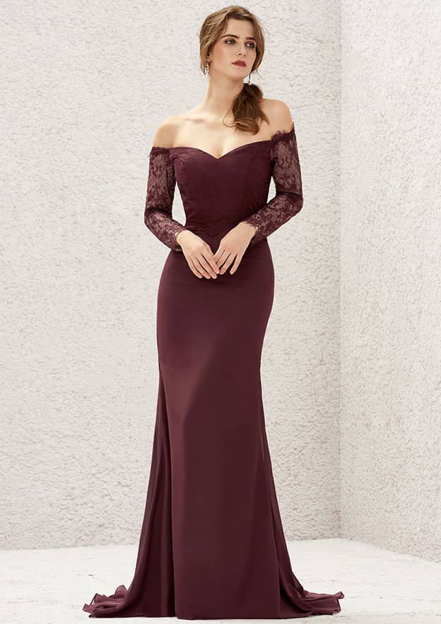 Long/Floor-Length Chiffon Bridesmaid Dress, Off-The-Shoulder Neckline, 3/4 Sleeve, Sweep Train, With Pleated Lace BM bride