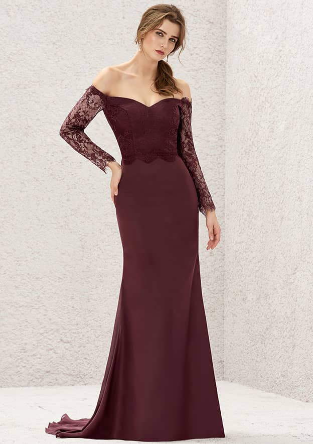 Long/Floor-Length Chiffon Bridesmaid Dress, Off-The-Shoulder Neckline, 3/4 Sleeve, Sweep Train, With Pleated Lace BM bride