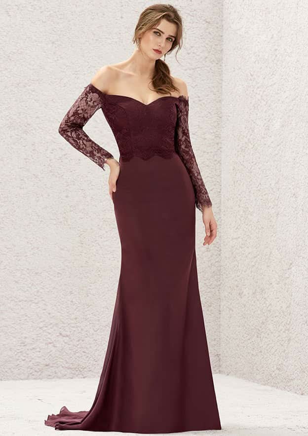 Long/Floor-Length Chiffon Bridesmaid Dress, Off-The-Shoulder Neckline, 3/4 Sleeve, Sweep Train, With Pleated Lace BM bride