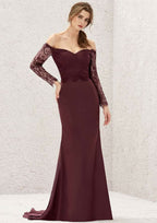 Long/Floor-Length Chiffon Bridesmaid Dress, Off-The-Shoulder Neckline, 3/4 Sleeve, Sweep Train, With Pleated Lace BM bride