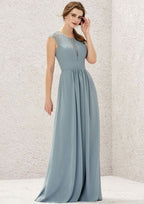Floor-Length Chiffon Bridesmaid Dress, A-Line Cut, Scoop Neck, Sleeveless, Decorated With Pleats And Lace BM bride