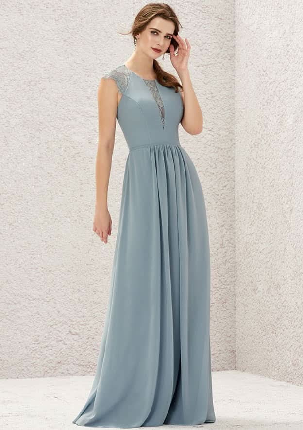Floor-Length Chiffon Bridesmaid Dress, A-Line Cut, Scoop Neck, Sleeveless, Decorated With Pleats And Lace BM bride