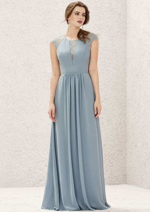 Floor-Length Chiffon Bridesmaid Dress, A-Line Cut, Scoop Neck, Sleeveless, Decorated With Pleats And Lace BM bride