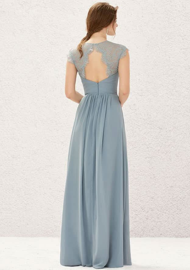 Floor-Length Chiffon Bridesmaid Dress, A-Line Cut, Scoop Neck, Sleeveless, Decorated With Pleats And Lace BM bride