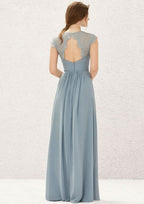 Floor-Length Chiffon Bridesmaid Dress, A-Line Cut, Scoop Neck, Sleeveless, Decorated With Pleats And Lace BM bride
