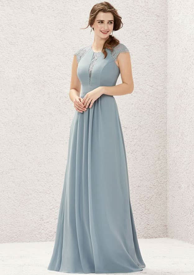 Floor-Length Chiffon Bridesmaid Dress, A-Line Cut, Scoop Neck, Sleeveless, Decorated With Pleats And Lace BM bride