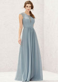 Floor-Length Chiffon Bridesmaid Dress, A-Line Cut, Scoop Neck, Sleeveless, Decorated With Pleats And Lace BM bride