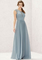 Floor-Length Chiffon Bridesmaid Dress, A-Line Cut, Scoop Neck, Sleeveless, Decorated With Pleats And Lace BM bride