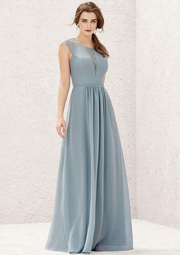 Floor-Length Chiffon Bridesmaid Dress, A-Line Cut, Scoop Neck, Sleeveless, Decorated With Pleats And Lace BM bride