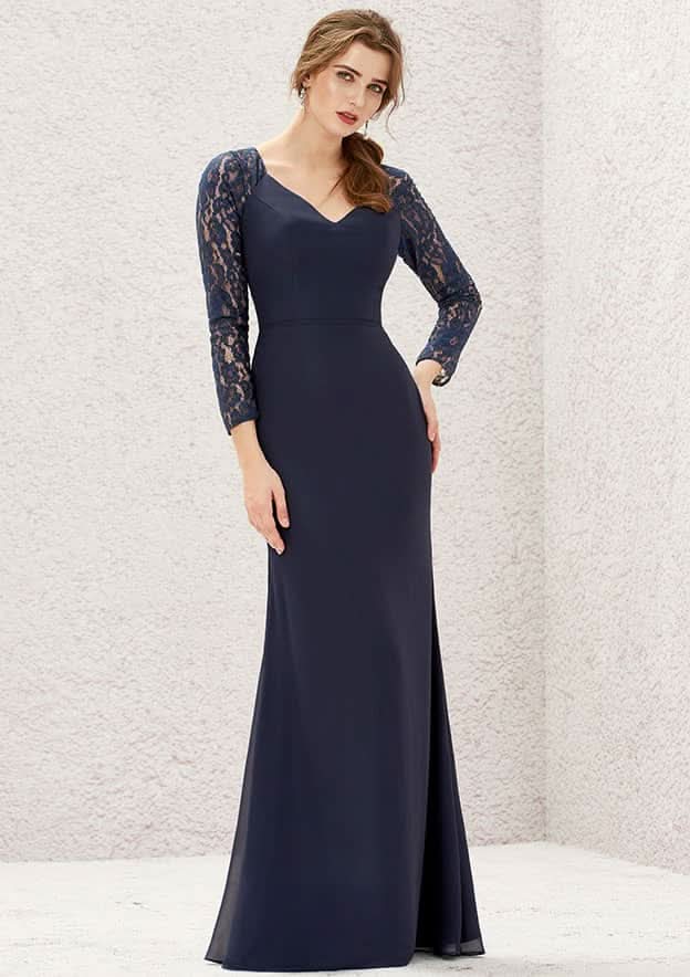 Long/Floor-Length Lace Chiffon Bridesmaid Dress, Sheath/Column Cut, Sweetheart Neckline, 3/4 Sleeve BM bride