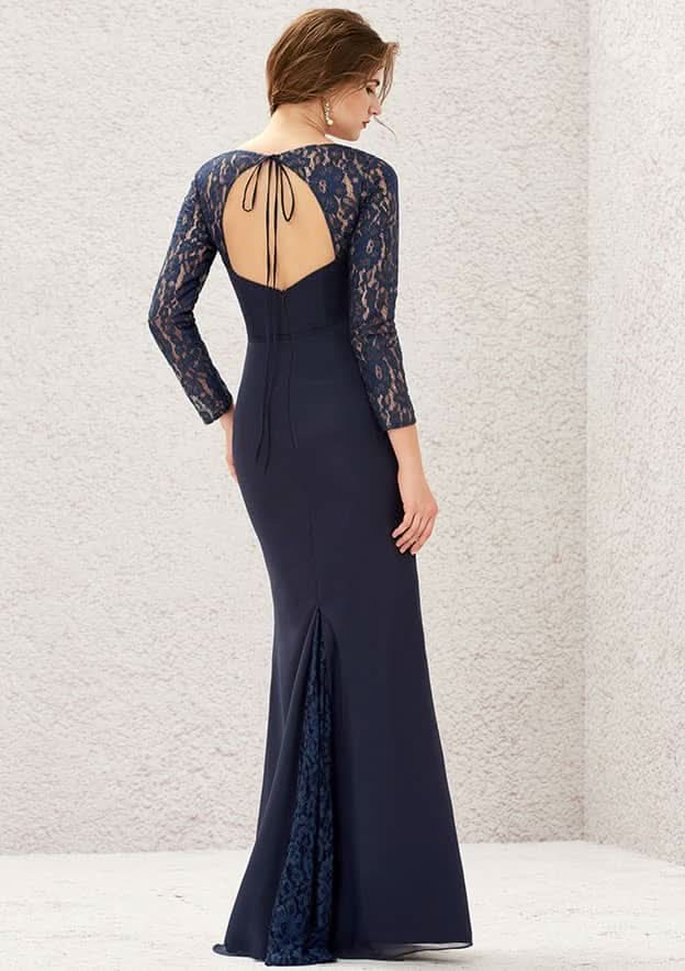 Long/Floor-Length Lace Chiffon Bridesmaid Dress, Sheath/Column Cut, Sweetheart Neckline, 3/4 Sleeve BM bride