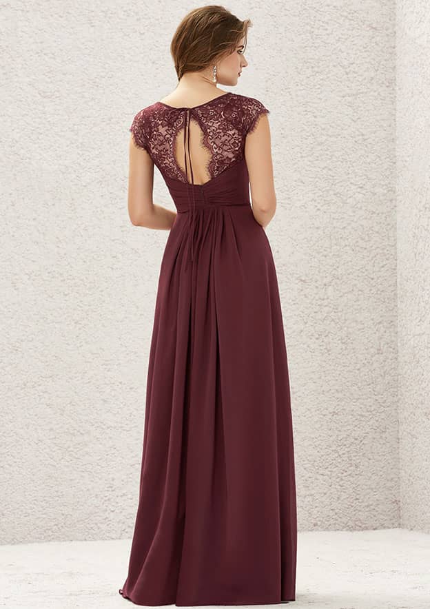 Long/Floor-Length Chiffon Bridesmaid Dress, A-Line Cut, V-Neck, Sleeveless, With Pleated Lace BM bride