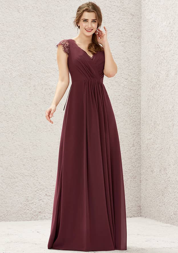 Long/Floor-Length Chiffon Bridesmaid Dress, A-Line Cut, V-Neck, Sleeveless, With Pleated Lace BM bride