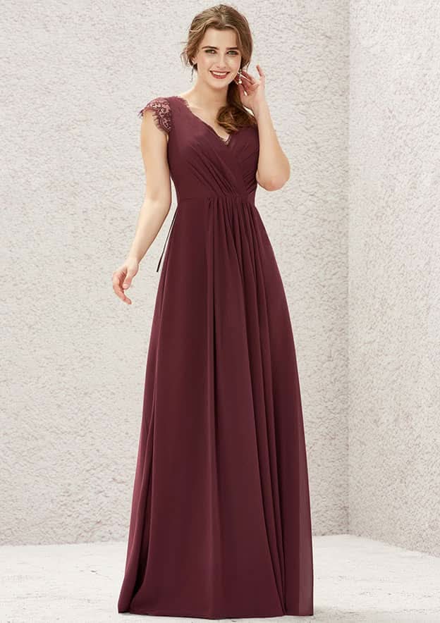 Long/Floor-Length Chiffon Bridesmaid Dress, A-Line Cut, V-Neck, Sleeveless, With Pleated Lace BM bride