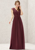 Long/Floor-Length Chiffon Bridesmaid Dress, A-Line Cut, V-Neck, Sleeveless, With Pleated Lace BM bride