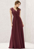 Long/Floor-Length Chiffon Bridesmaid Dress, A-Line Cut, V-Neck, Sleeveless, With Pleated Lace BM bride