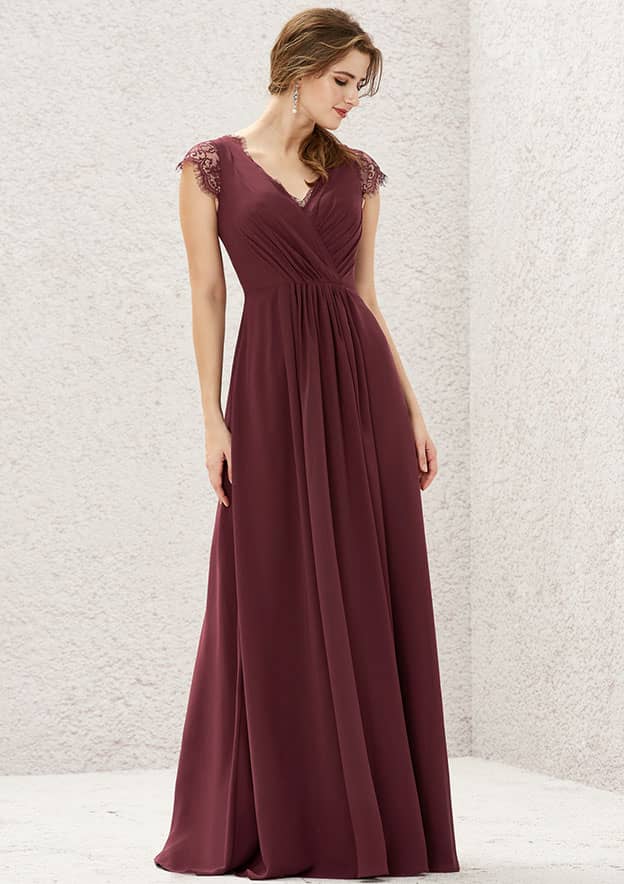 Long/Floor-Length Chiffon Bridesmaid Dress, A-Line Cut, V-Neck, Sleeveless, With Pleated Lace BM bride