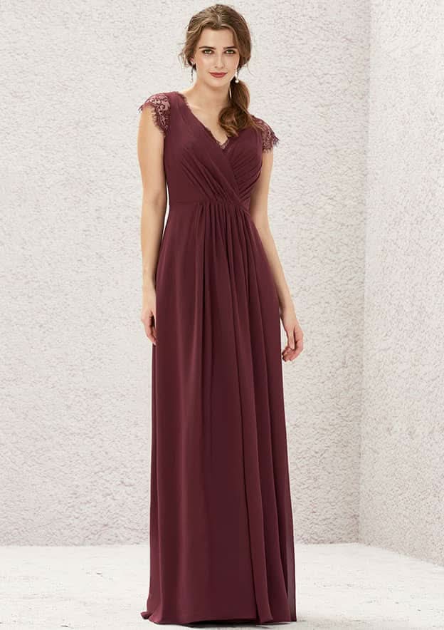 Long/Floor-Length Chiffon Bridesmaid Dress, A-Line Cut, V-Neck, Sleeveless, With Pleated Lace BM bride
