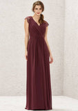 Long/Floor-Length Chiffon Bridesmaid Dress, A-Line Cut, V-Neck, Sleeveless, With Pleated Lace BM bride