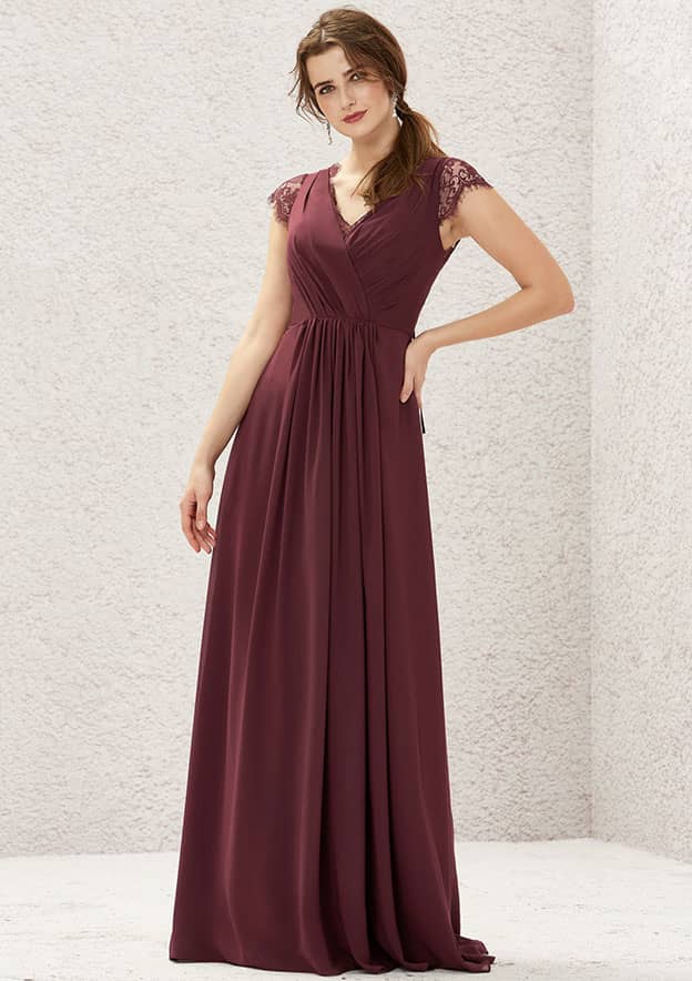 Long/Floor-Length Chiffon Bridesmaid Dress, A-Line Cut, V-Neck, Sleeveless, With Pleated Lace BM bride