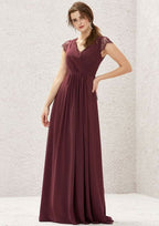 Long/Floor-Length Chiffon Bridesmaid Dress, A-Line Cut, V-Neck, Sleeveless, With Pleated Lace BM bride