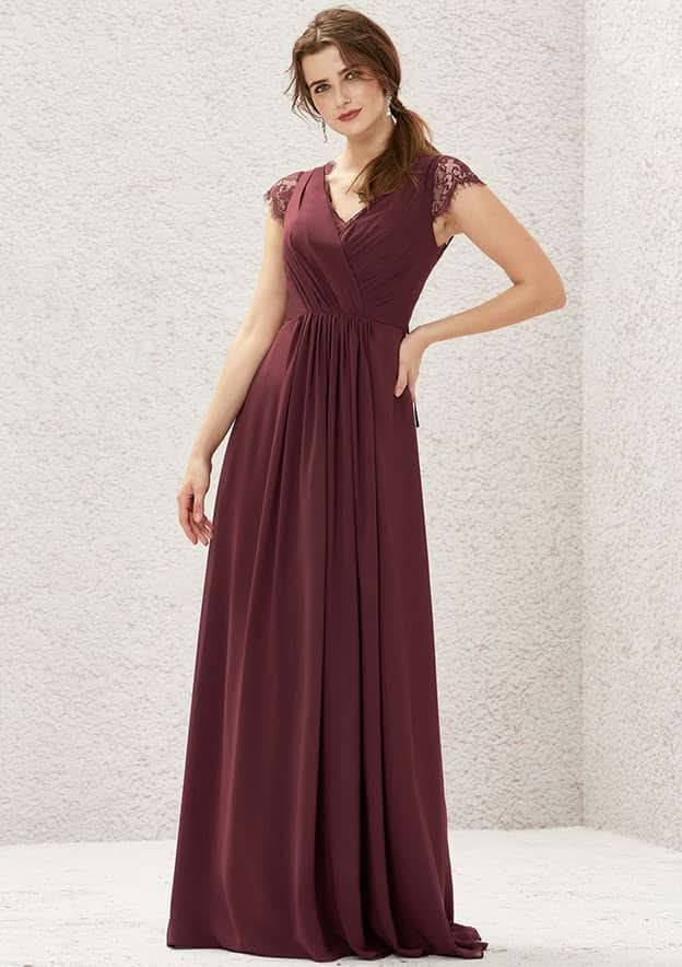 Long/Floor-Length Chiffon Bridesmaid Dress, A-Line Cut, V-Neck, Sleeveless, With Pleated Lace BM bride