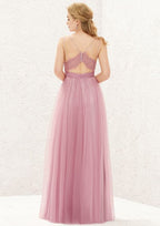 Long/Floor-Length Tulle Bridesmaid Dress, Princess A-Line Cut, Sweetheart Neckline, Sleeveless, With Pleating BM bride