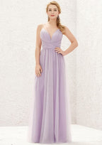 Long/Floor-Length Tulle Bridesmaid Dress, A-Line Cut, V-Neck, Sleeveless, With Pleats BM bride